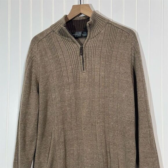 Oscar de la Renta Men’s Sweater XL Half Zip Taupe Ribbed Cotton Blend Pullover - Picture 2 of 9